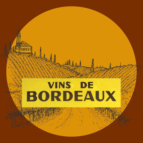 Vintage Bordeaux vineyard illustration with 'Vins de Bordeaux' text