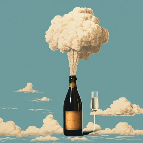 Champagne bottle and glass held up on tray