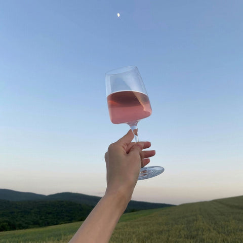 Hands holding a bottle and Rose on a pink background