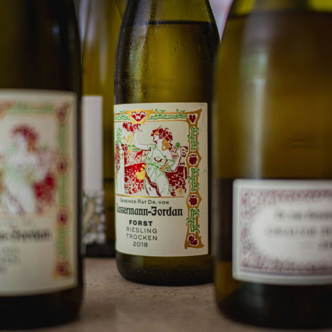 Close up of German wine bottles