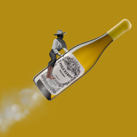 Man riding white wine bottle like a rocket on yellow background