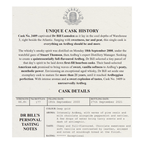 Ardbeg Single Cask 3409 21YO Bottled 2021